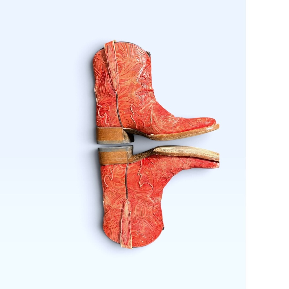 Vintage Dan Post Red Tooled Leather Cowboy Boots Women 7.5 M Square Toe Western - Picture 4 of 12